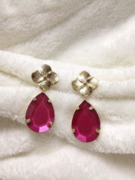 Brinco Dourado Com Pedra Rosa Cod 000009BP